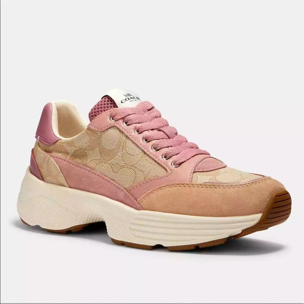 Coach C152 Tech Runner Chunky Logo Khaki Pink Classic Sneakers size 7.5
